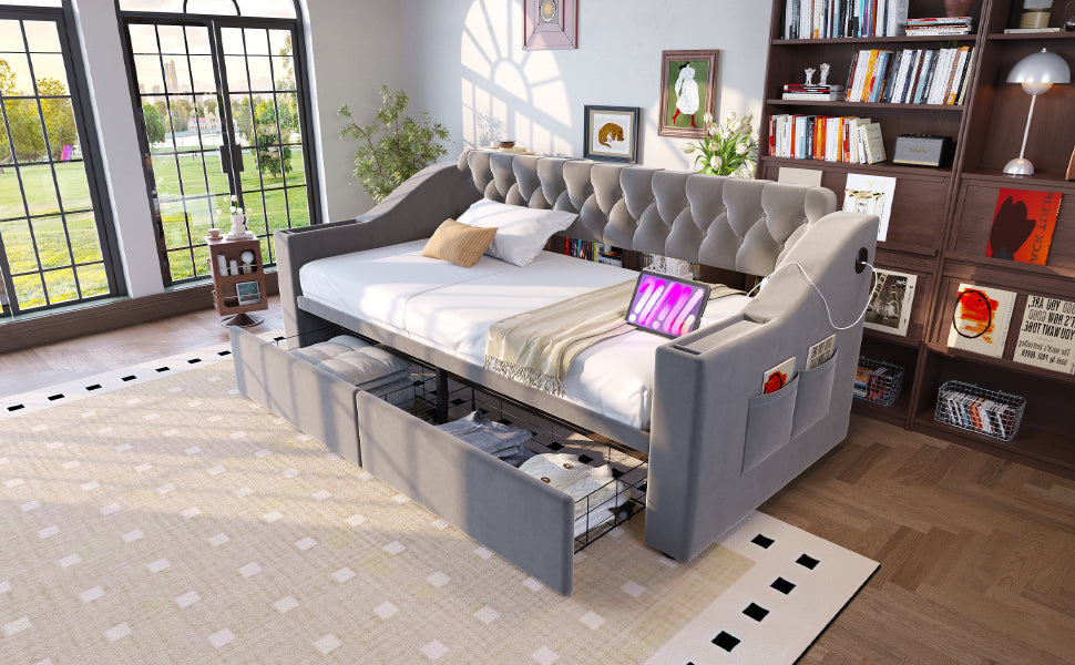 Upholstered Sofa Bed 90x190cm USB Charging Armrest Storage Drawer Light Grey Velvet
