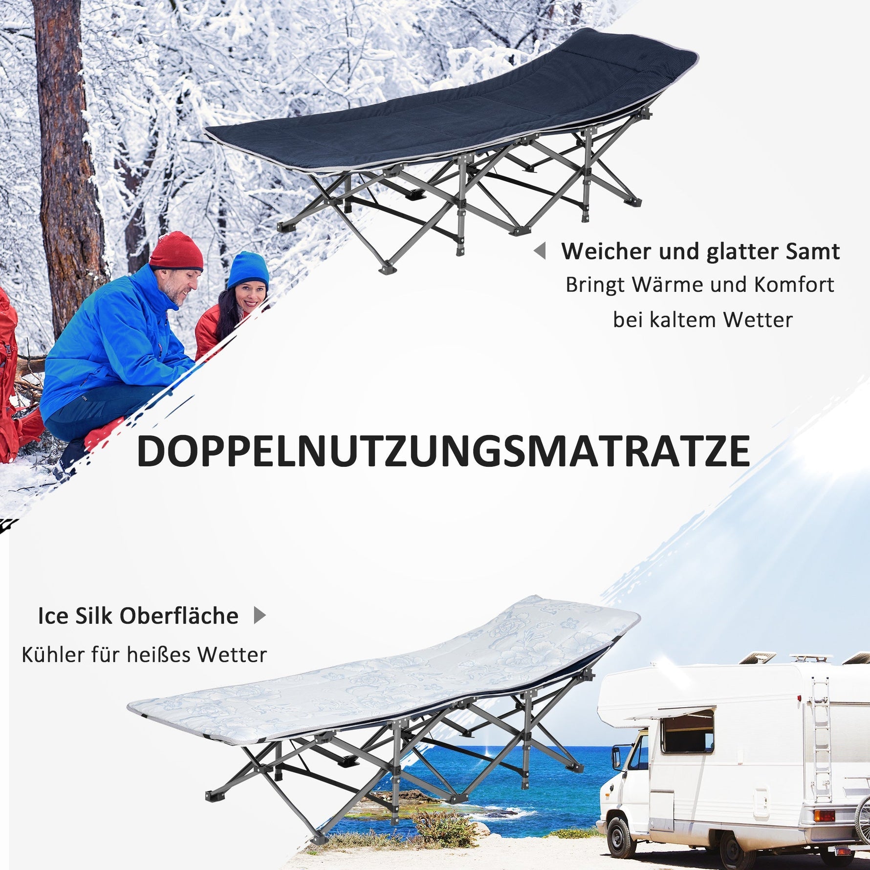 Camping Bed, Foldable with Pillow, Side Pocket, 150 kg Capacity, Oxford Dark Blue