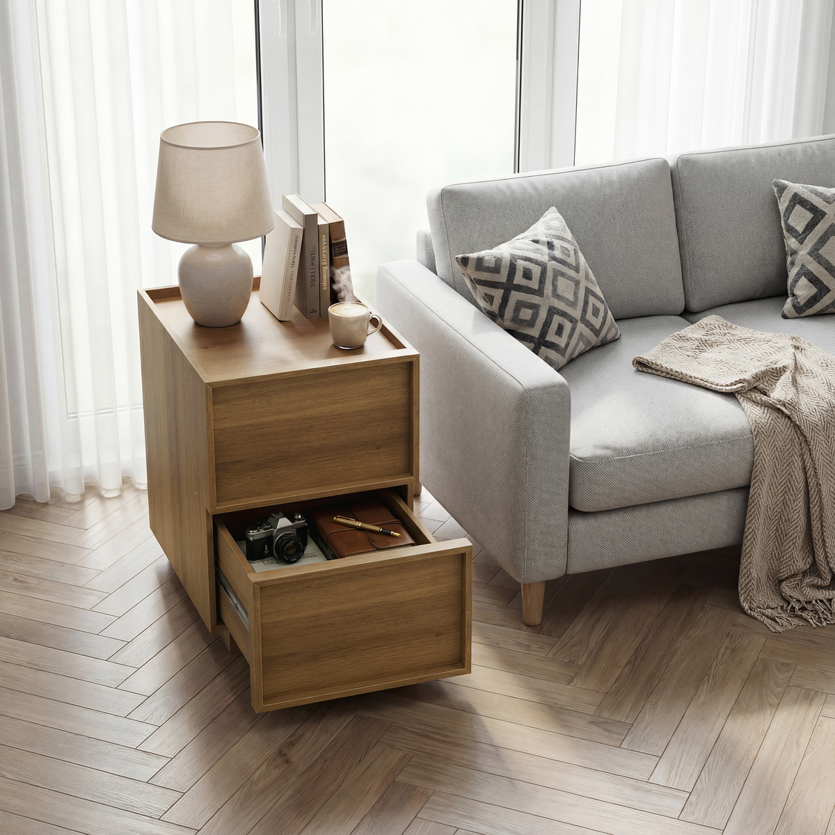 Modern Oak Bedside Table, 2 Pieces, 38 x 48 x 50 cm with Handleless Drawers, Oak Wood