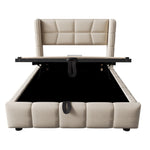 Upholstered Bed with Pneumatic Storage System and Headboard, 90 x 200 cm, Beige Linen