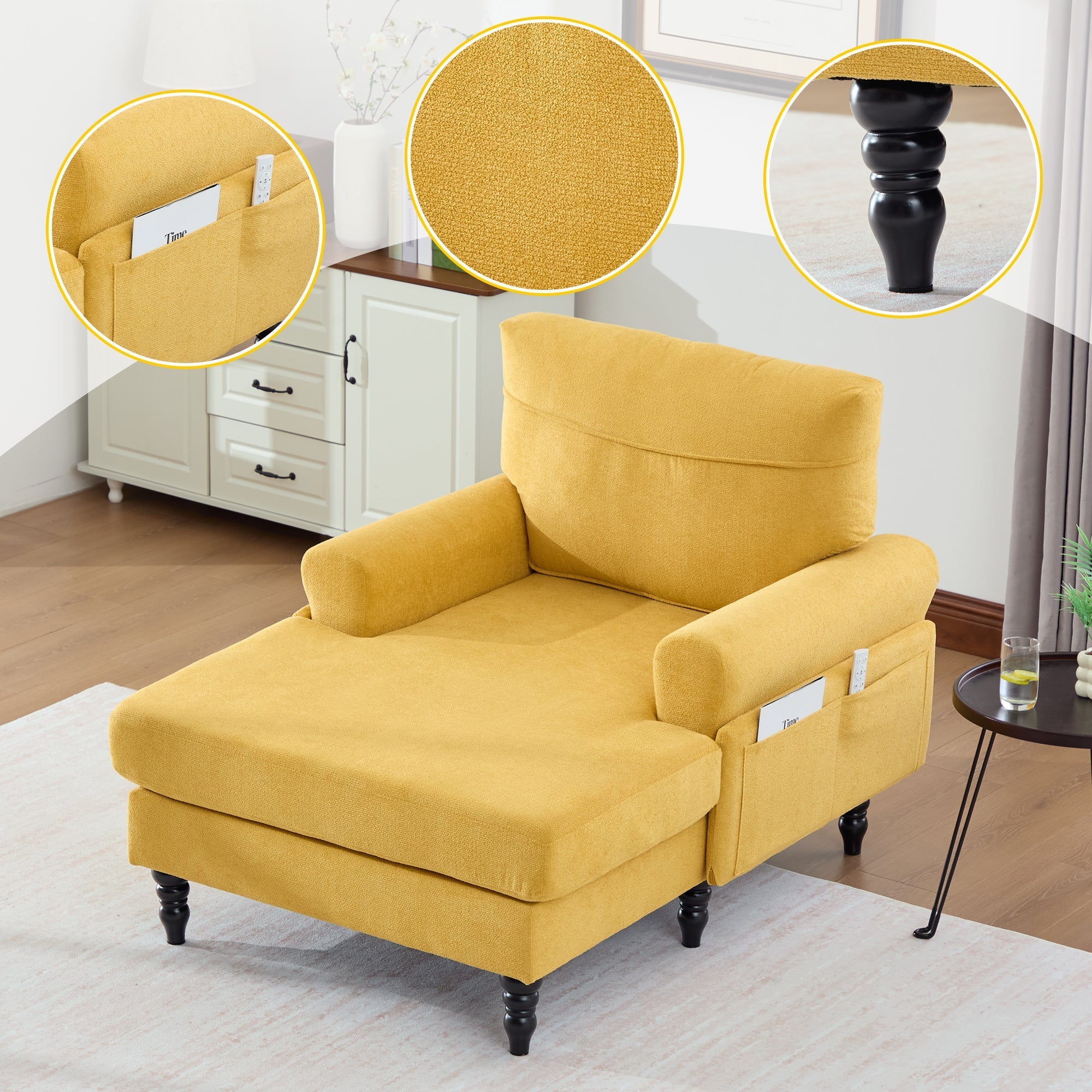 Single Sofa Lounger with Side Pockets and Wooden Legs, Chenille Fabric