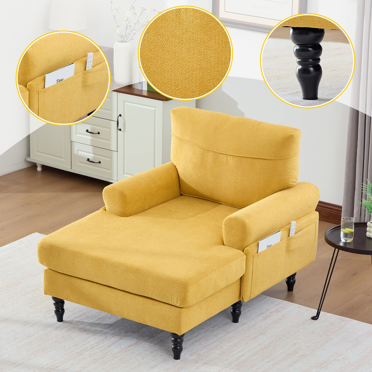 Single Sofa Lounger with Side Pockets and Wooden Legs, Chenille Fabric