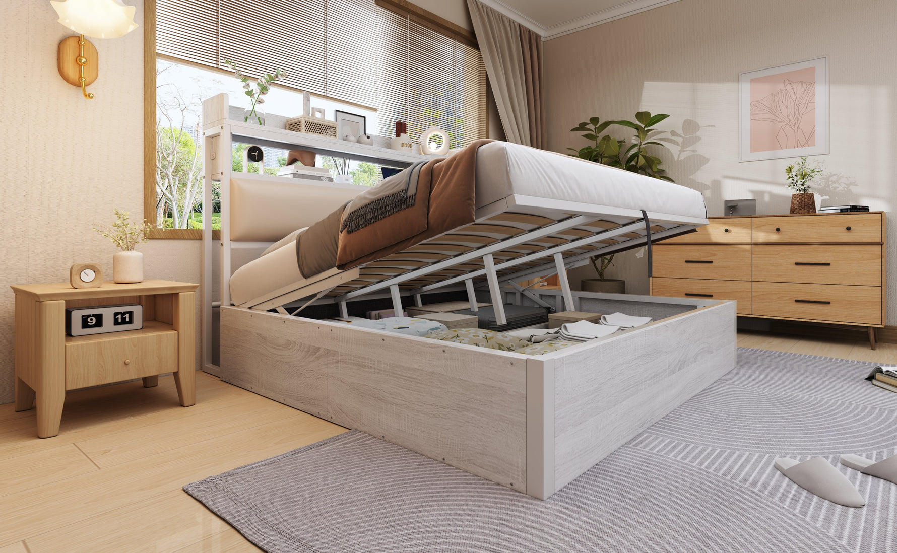 Bed Frame 180x200, Hydraulic Lift, USB, Upholstered Headboard, Hidden Storage, Wood & Metal, White