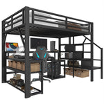 Loft Bed with Desk, LED Light Strip and Storage Staircase, 140 x 200 cm, Black Iron Frame