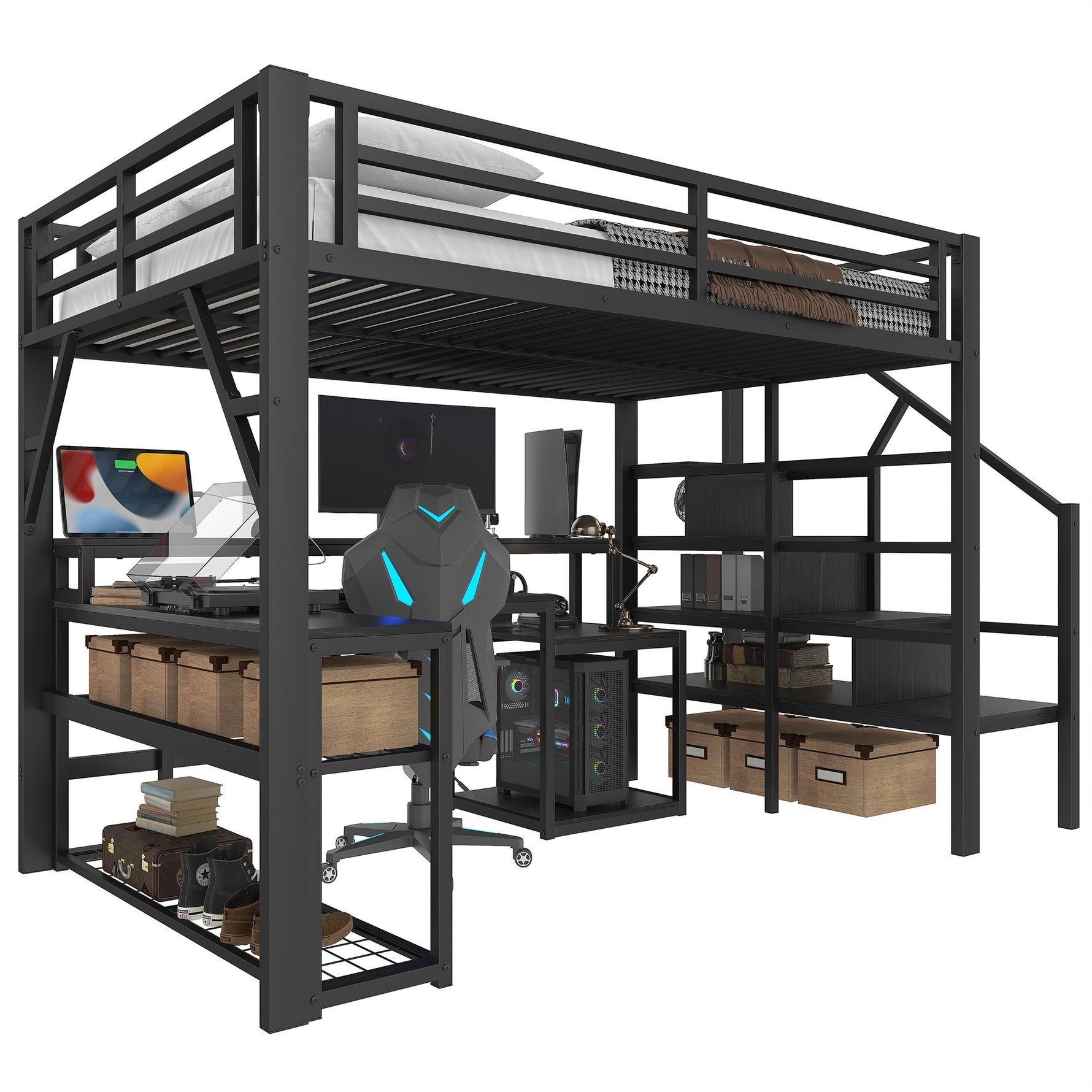 Loft Bed with Desk, LED Light Strip and Storage Staircase, 140 x 200 cm, Black Iron Frame