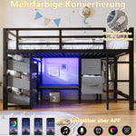 Mid-Height Bed with LED Lighting and Fabric Storage, 90x200 cm, Black Metal