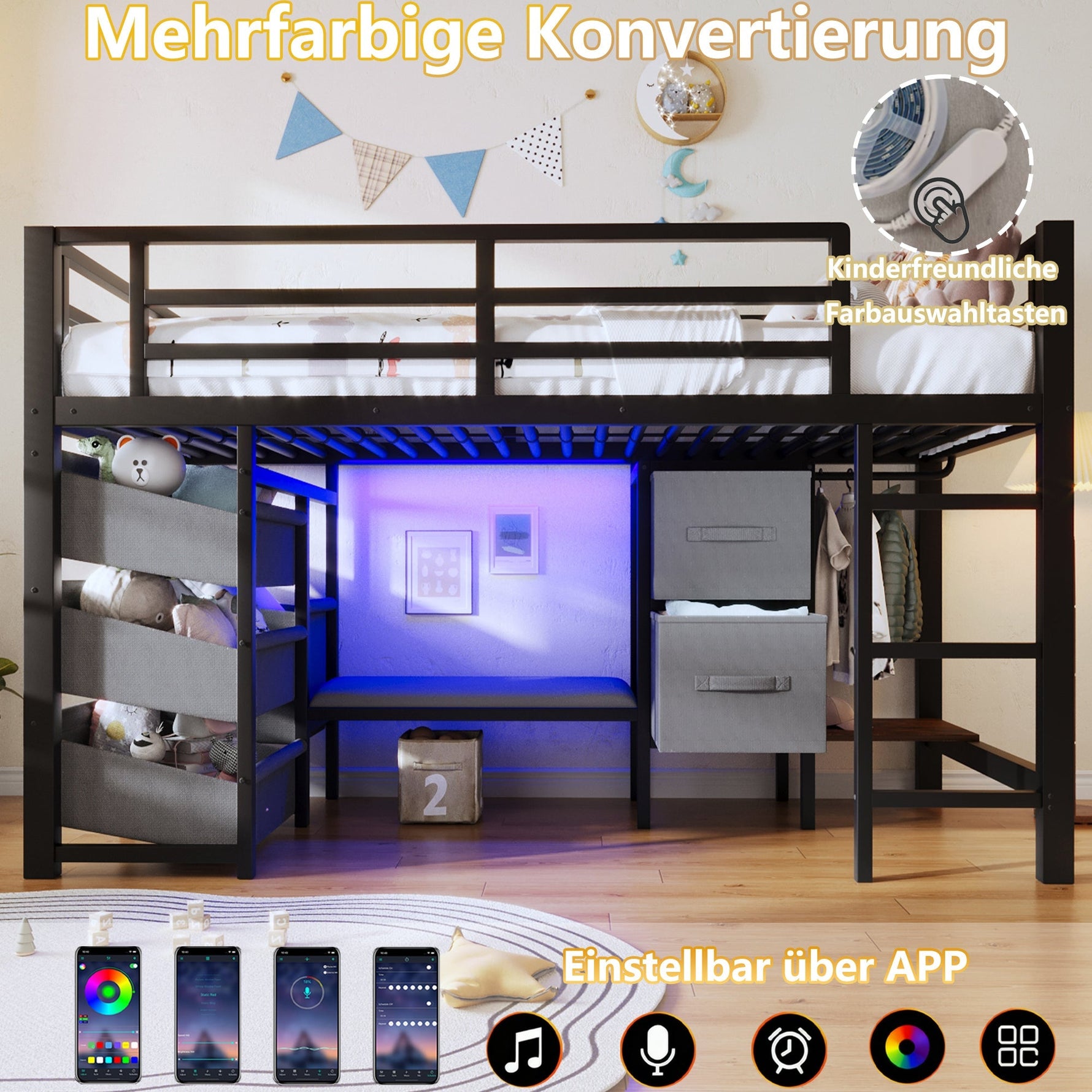 Mid-Height Bed with LED Lighting and Fabric Storage, 90x200 cm, Black Metal