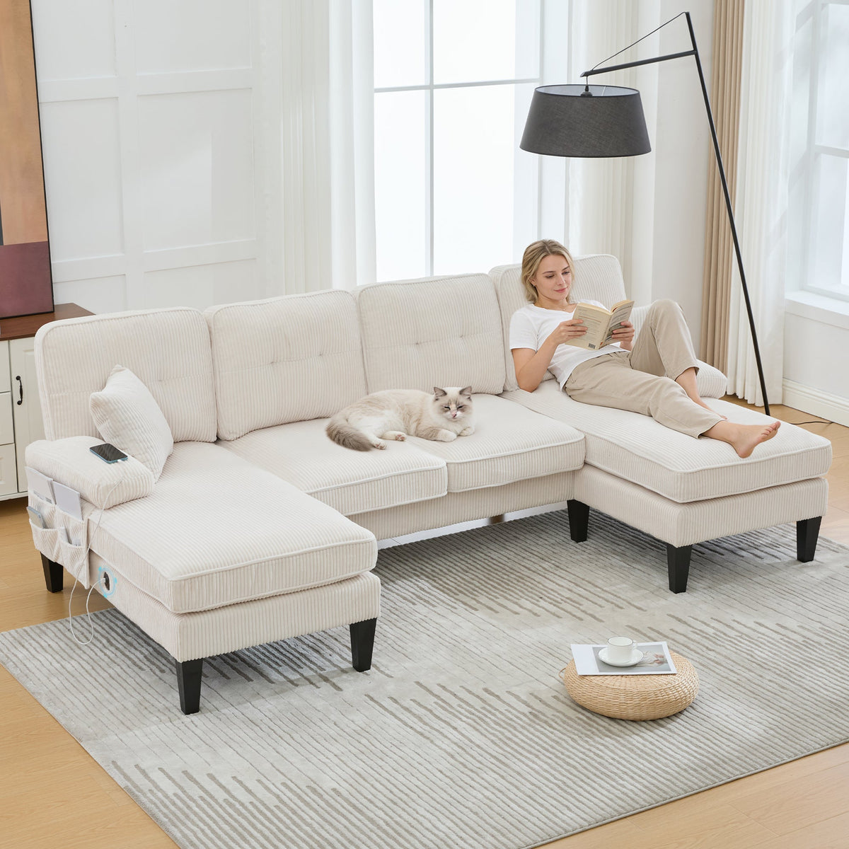 Modern 4-Seater U-Shaped Sofa with Double Chaise Lounge and Corduroy Upholstery, Beige