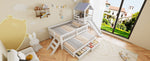 House Bunk Bed with Slide, Trundle & Drawers, White Solid Wood