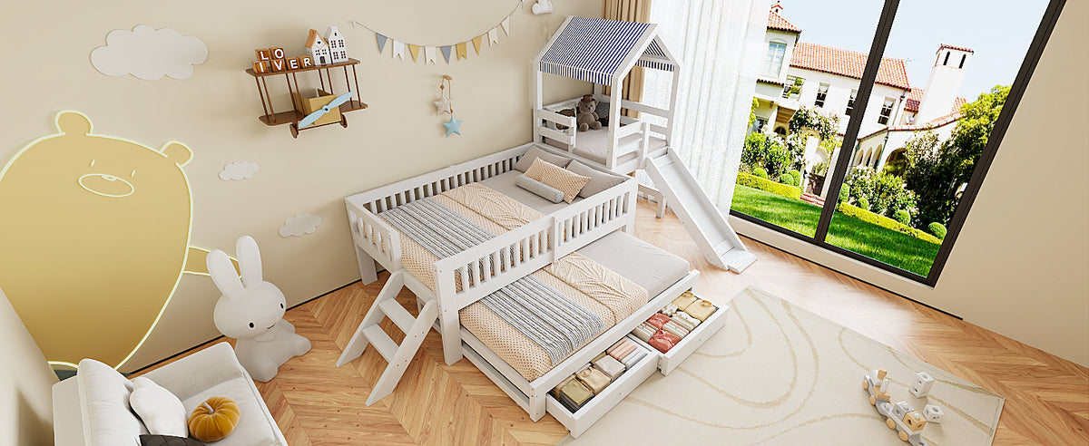 House Bunk Bed with Slide, Trundle & Drawers, White Solid Wood