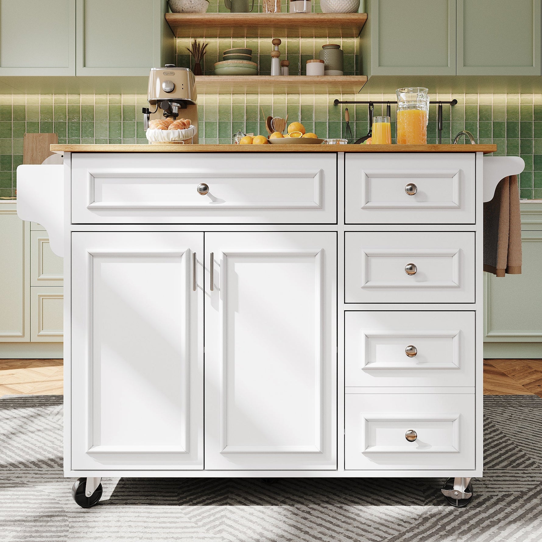 Kitchen Island Multifunctional Dining Table Removable Trolley Storage - White