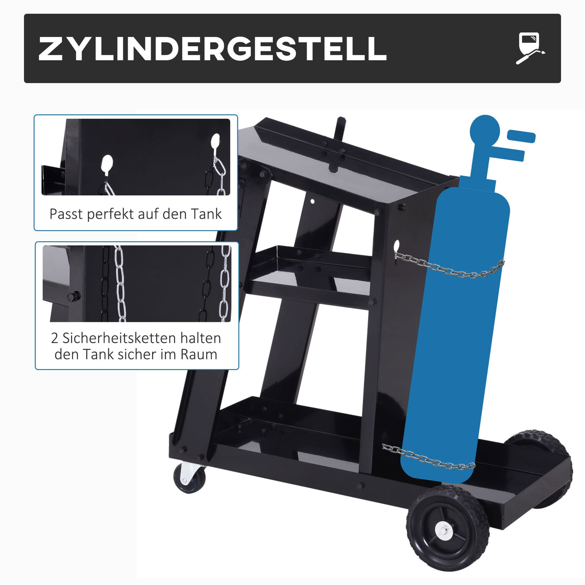 DURHAND Welding Cart, 3 Shelves, Safety Chain, Steel, Black