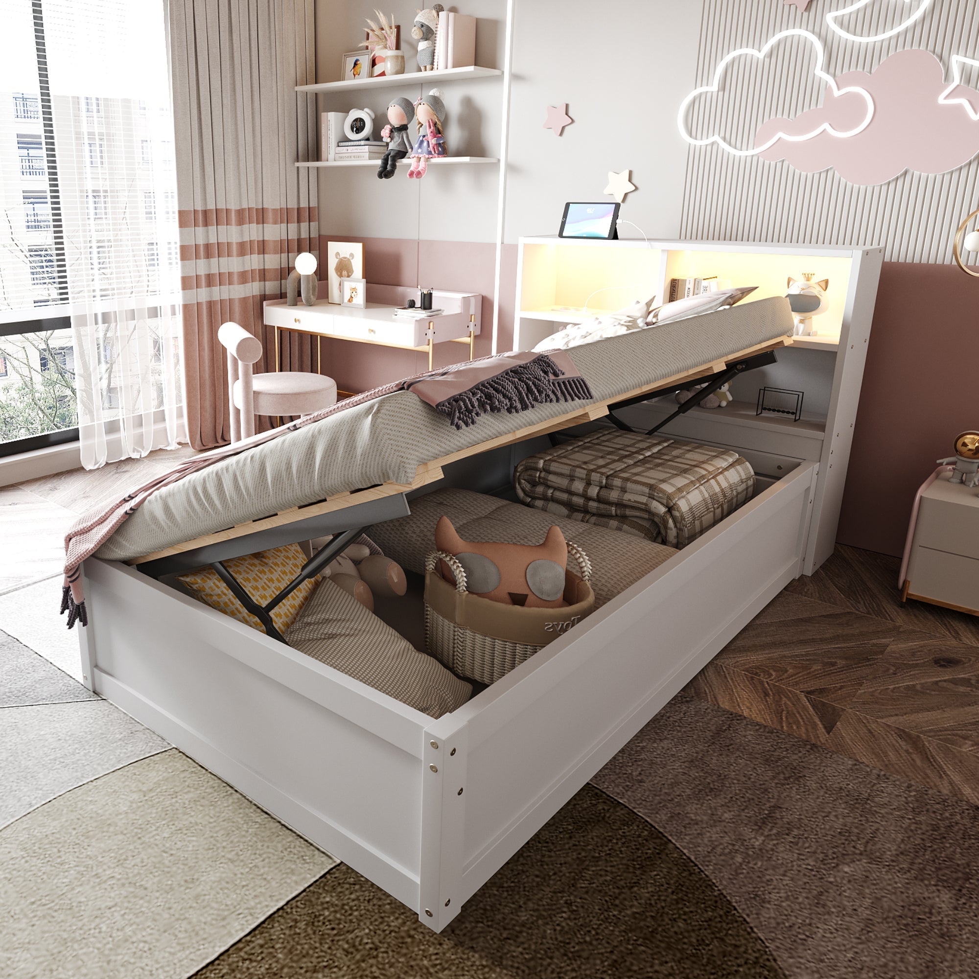 Sofa Bed 90*200, Hydraulic with Storage & Light Bar, White Wood