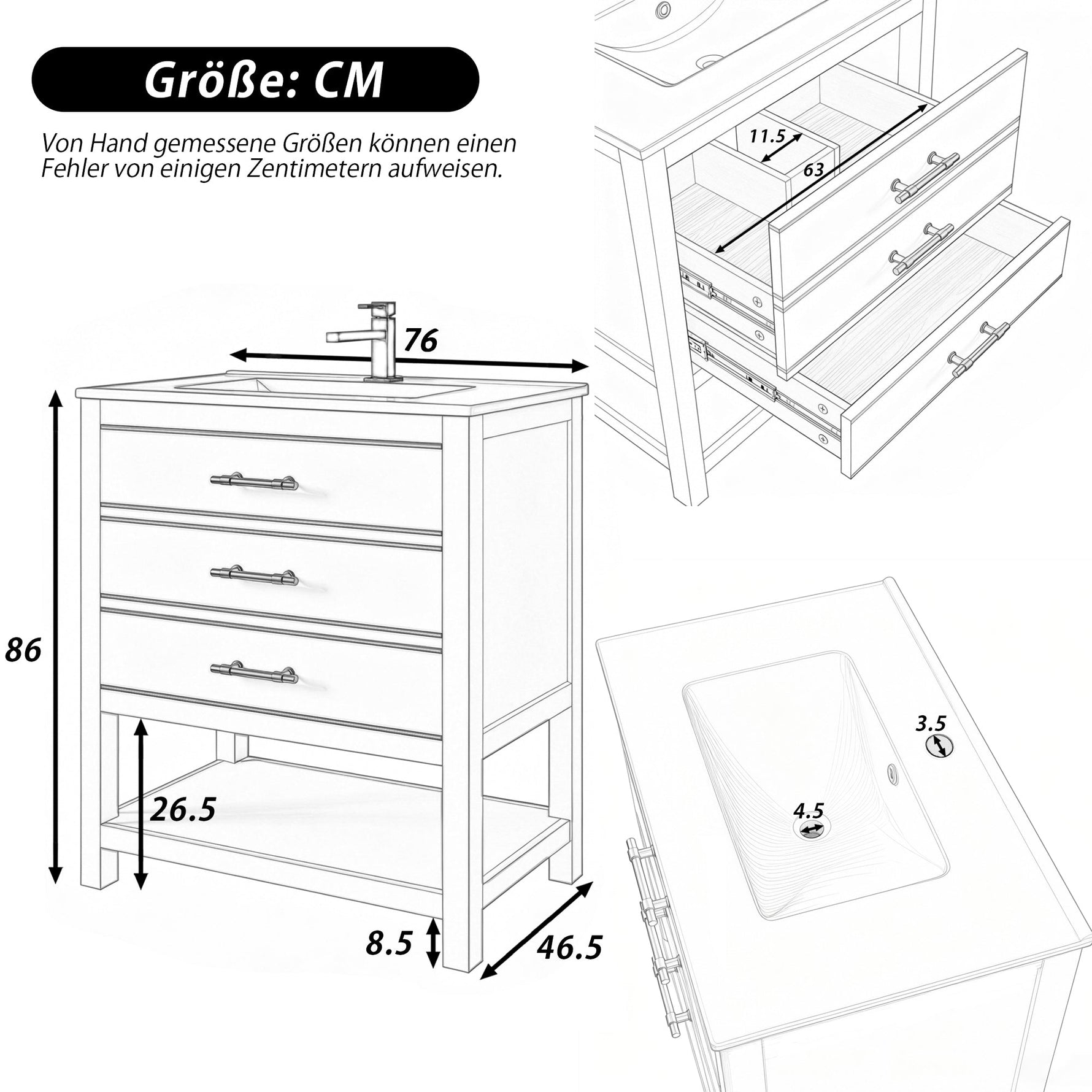 Bathroom Vanity Unit with Ceramic Sink and 2 Drawers, White and Gold
