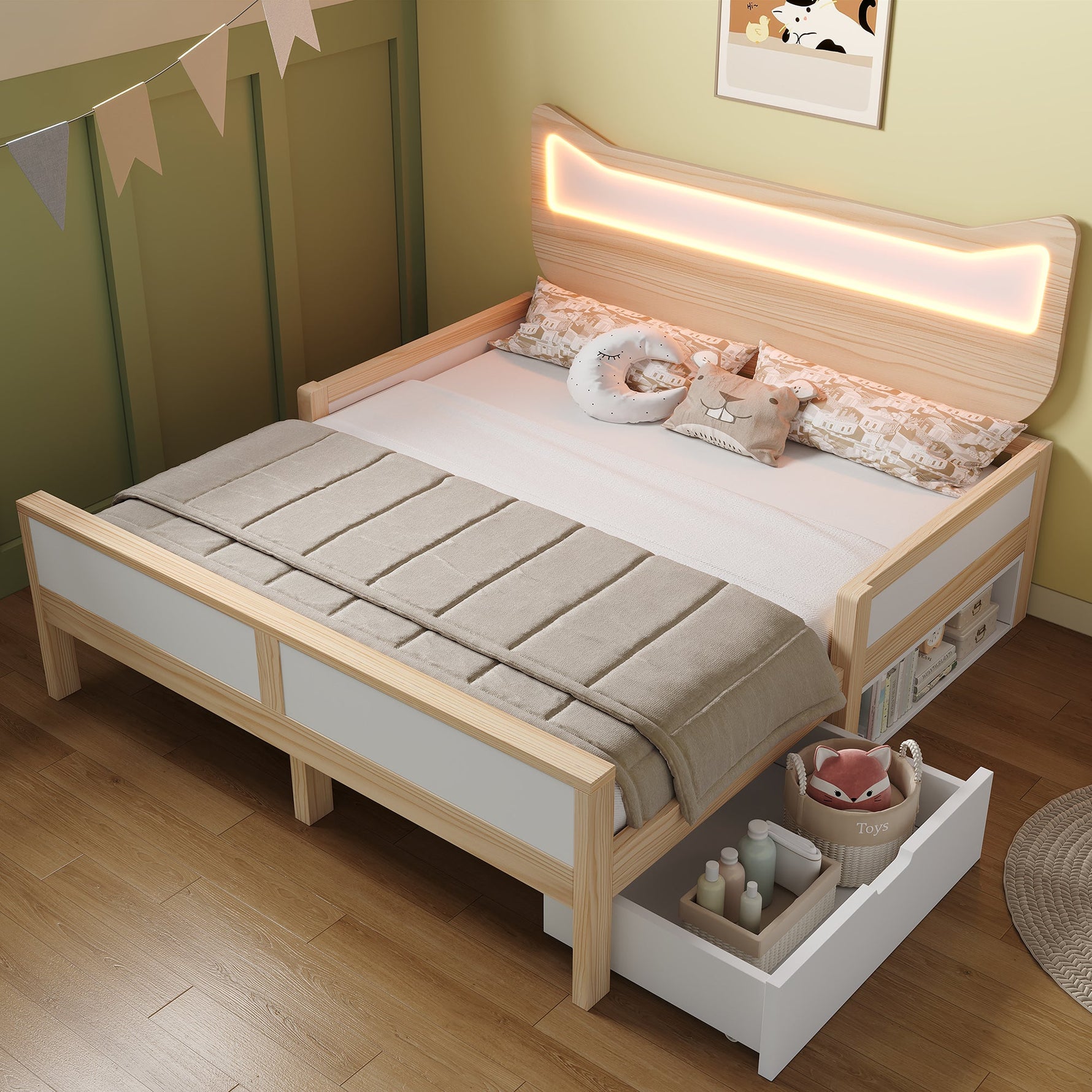 Children's Bed with Cat Ear Headboard, RGB LED Lighting, Storage Drawer and Safety Rails, 140x200cm, White and Oak