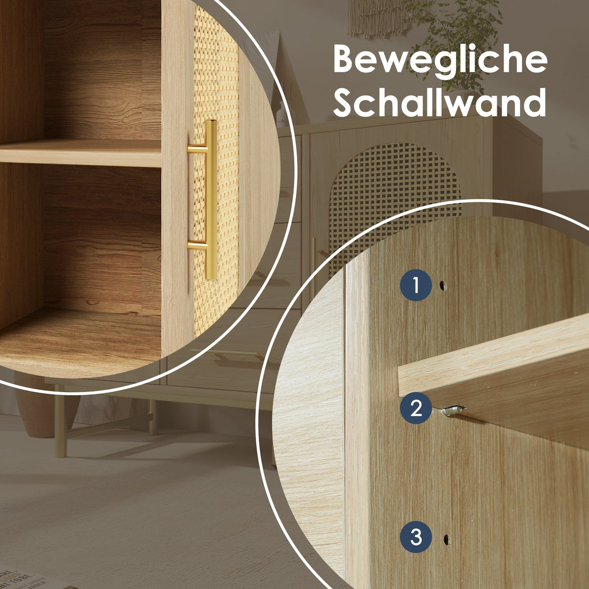 Rattan Sideboard 3 Drawers 2 Doors Adjustable Shelves 120x40x74cm Sonoma Oak