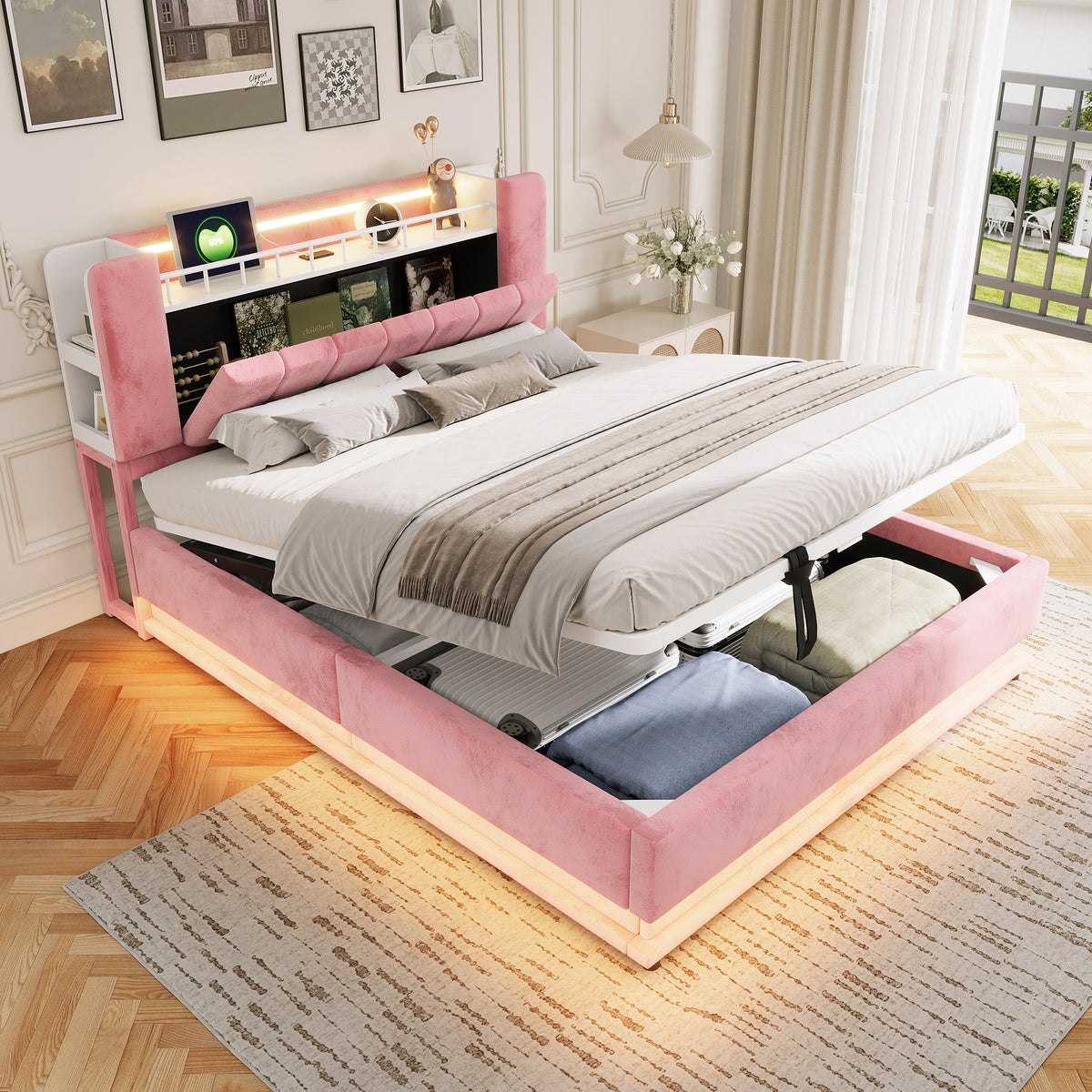 Smart Upholstered Bed 160x200cm with LED & Storage, Pink Velvet
