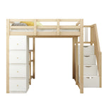 Loft Bed 140x200cm with Storage Drawers, Shelves, & Ladder, Solid Wood