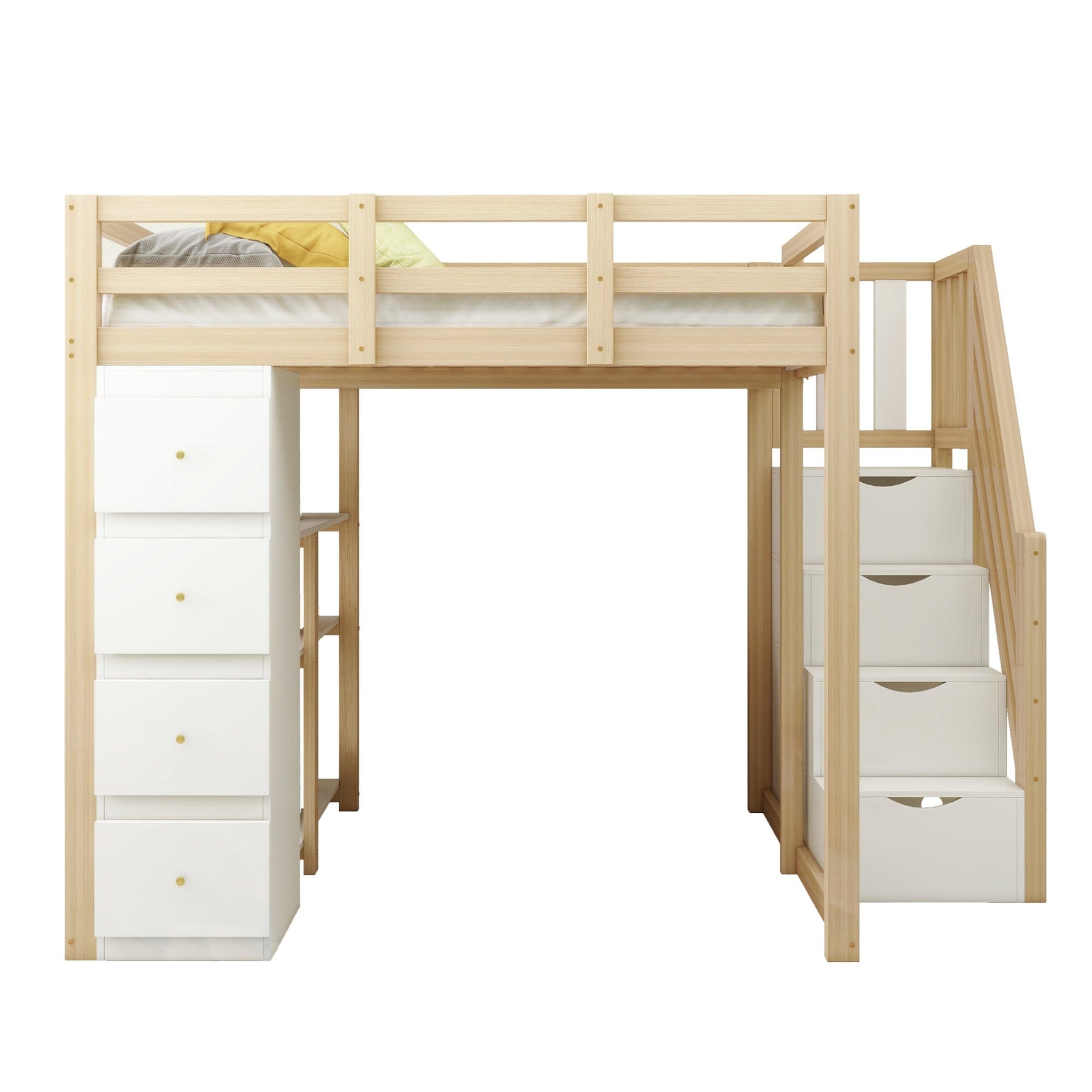 Loft Bed with 4 Drawers and Storage Stairs, 140x200 cm, White and Natural Wood