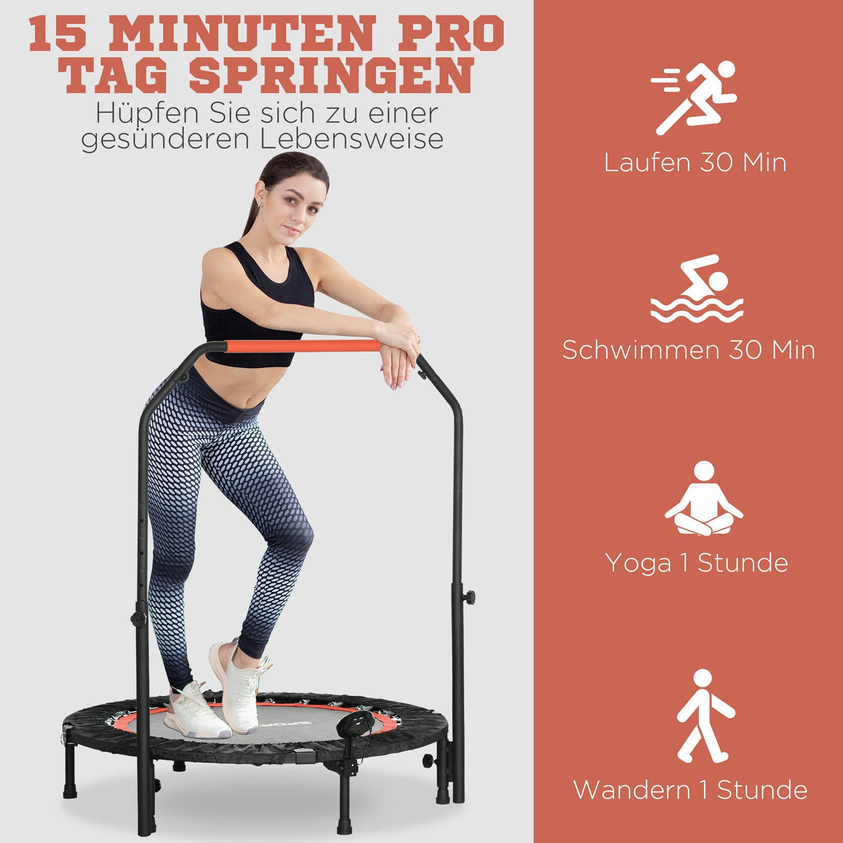 Mini Trampoline, LCD Monitor, 4-Way Adjustable Handlebar, Black/Blue