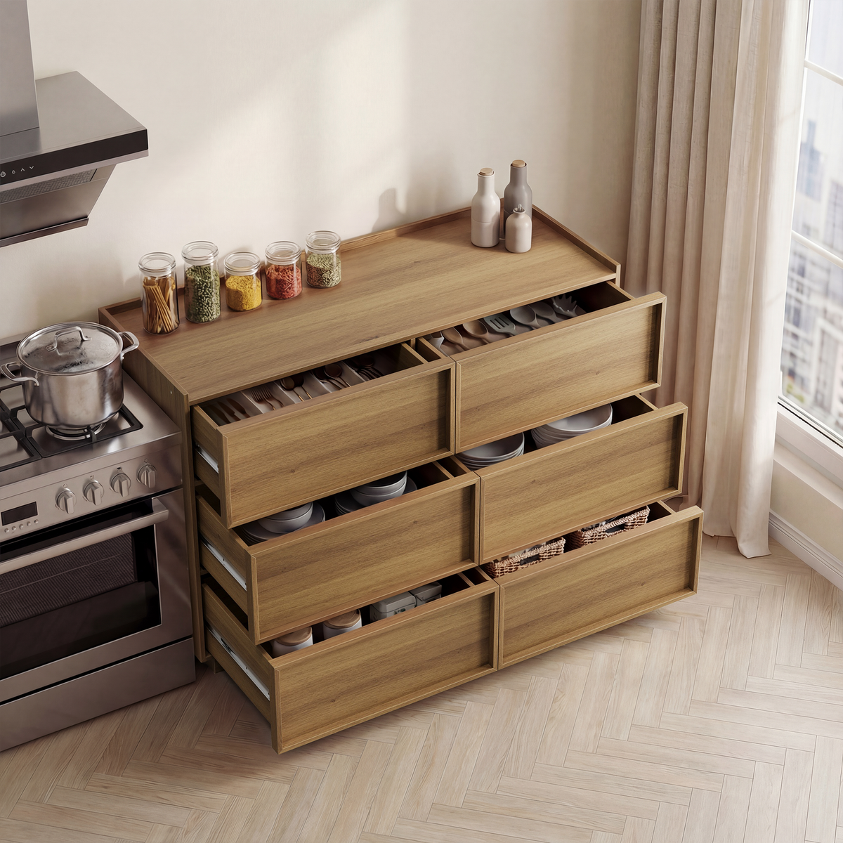 Chest of Drawers with Six Drawers and Modern Storage, 127 x 48 x 80 cm, Oak Color
