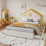 House Bed 140x200cm Upholstered Bed with 4 Drawers, Velvet Beige