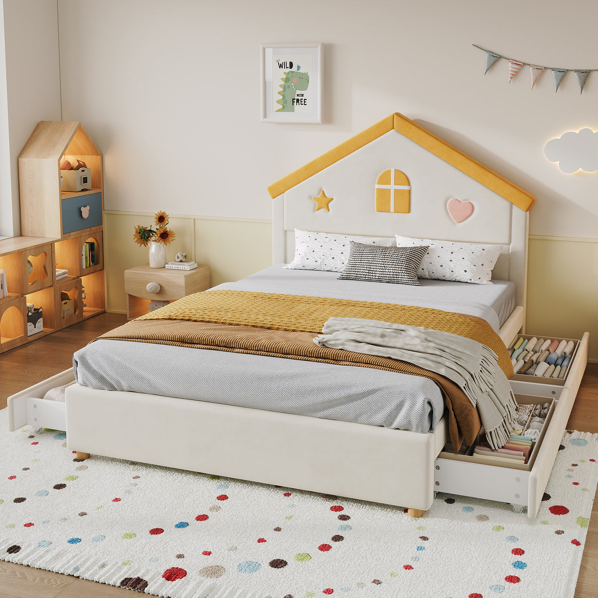 House Bed 140x200cm Upholstered Bed with 4 Drawers, Velvet Beige
