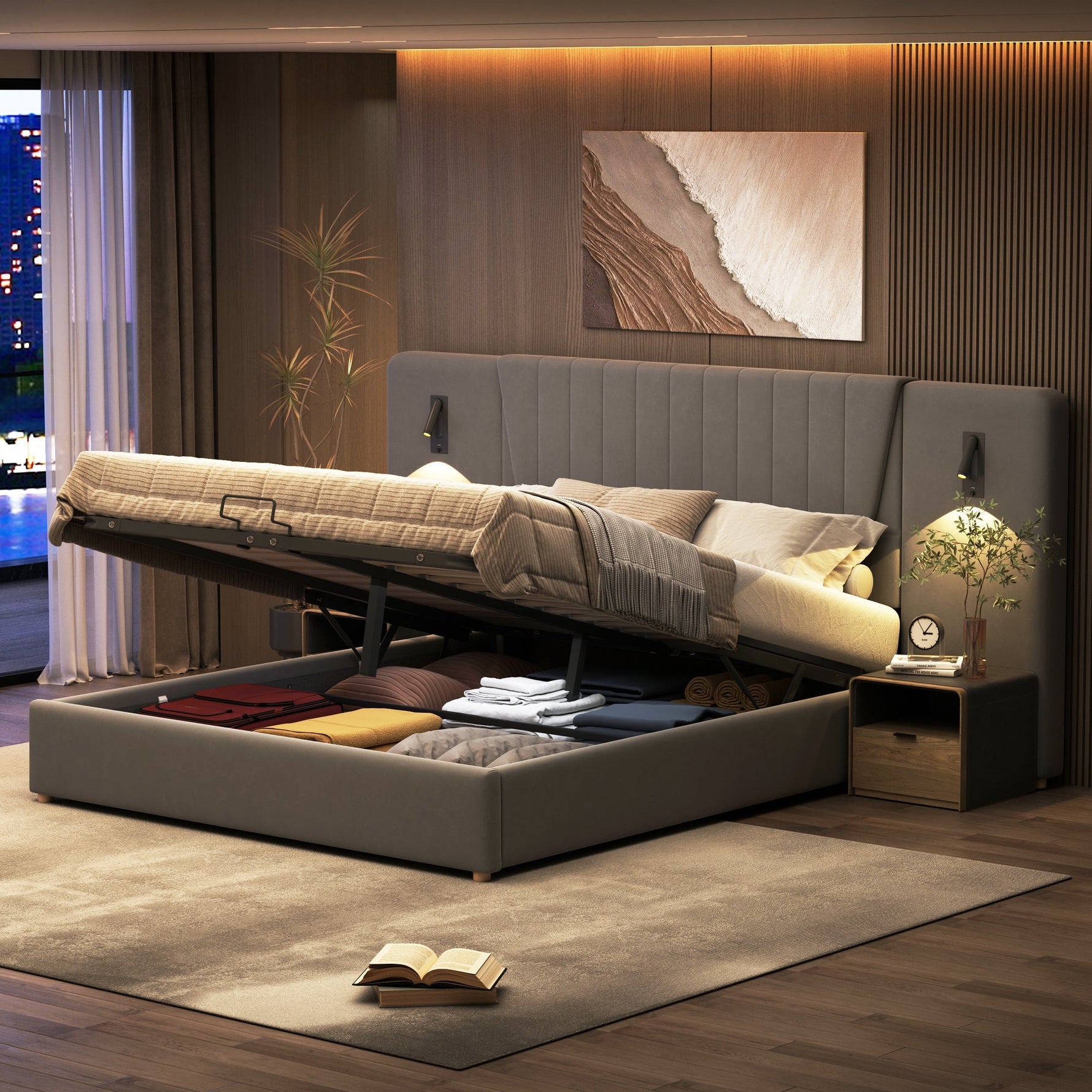 Upholstered Bed 180x200cm, Hydraulic Storage with USB & Reading Lamp, Grey Velvet