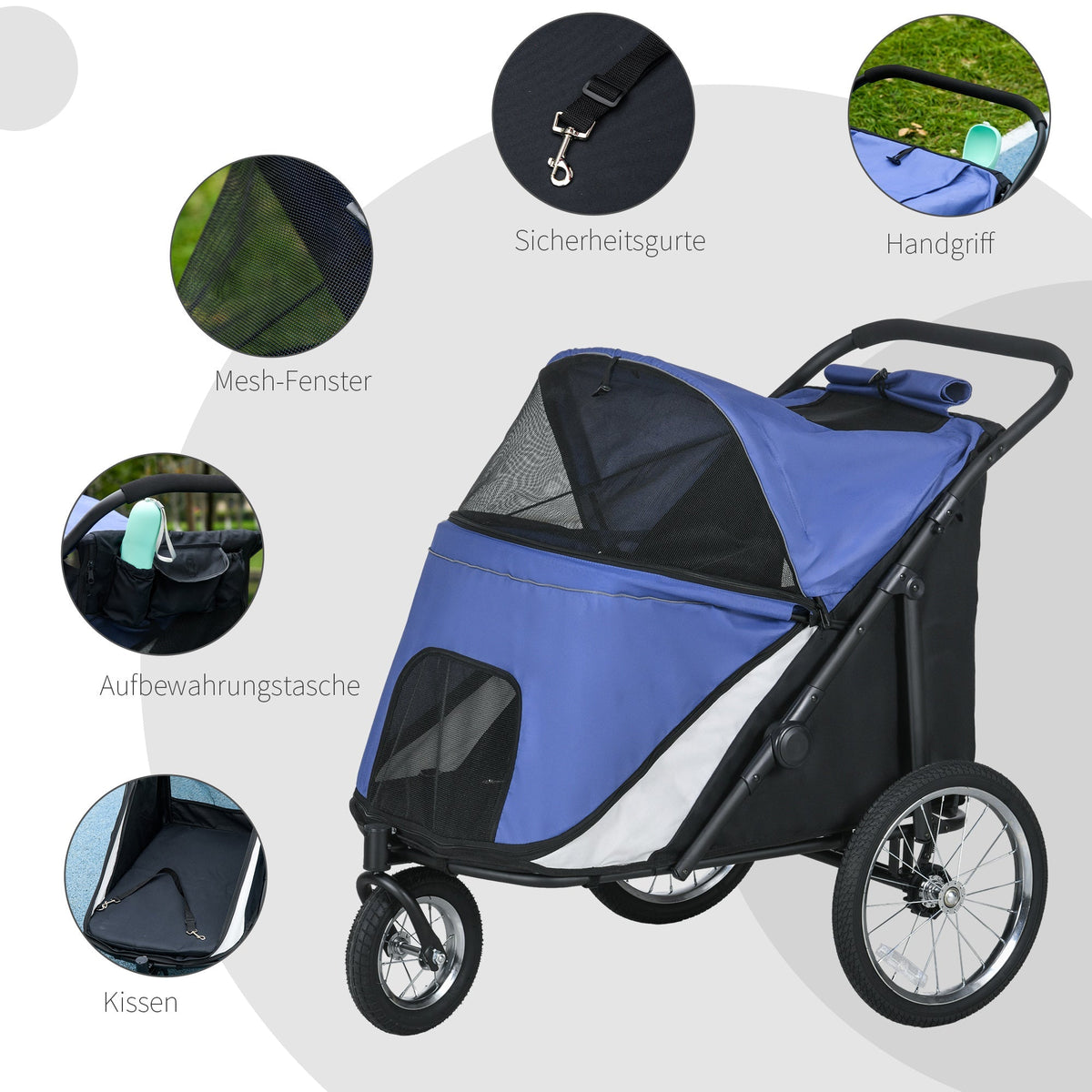 Dog Cart Foldable, Mesh Window, Large Wheels, Oxford Blue