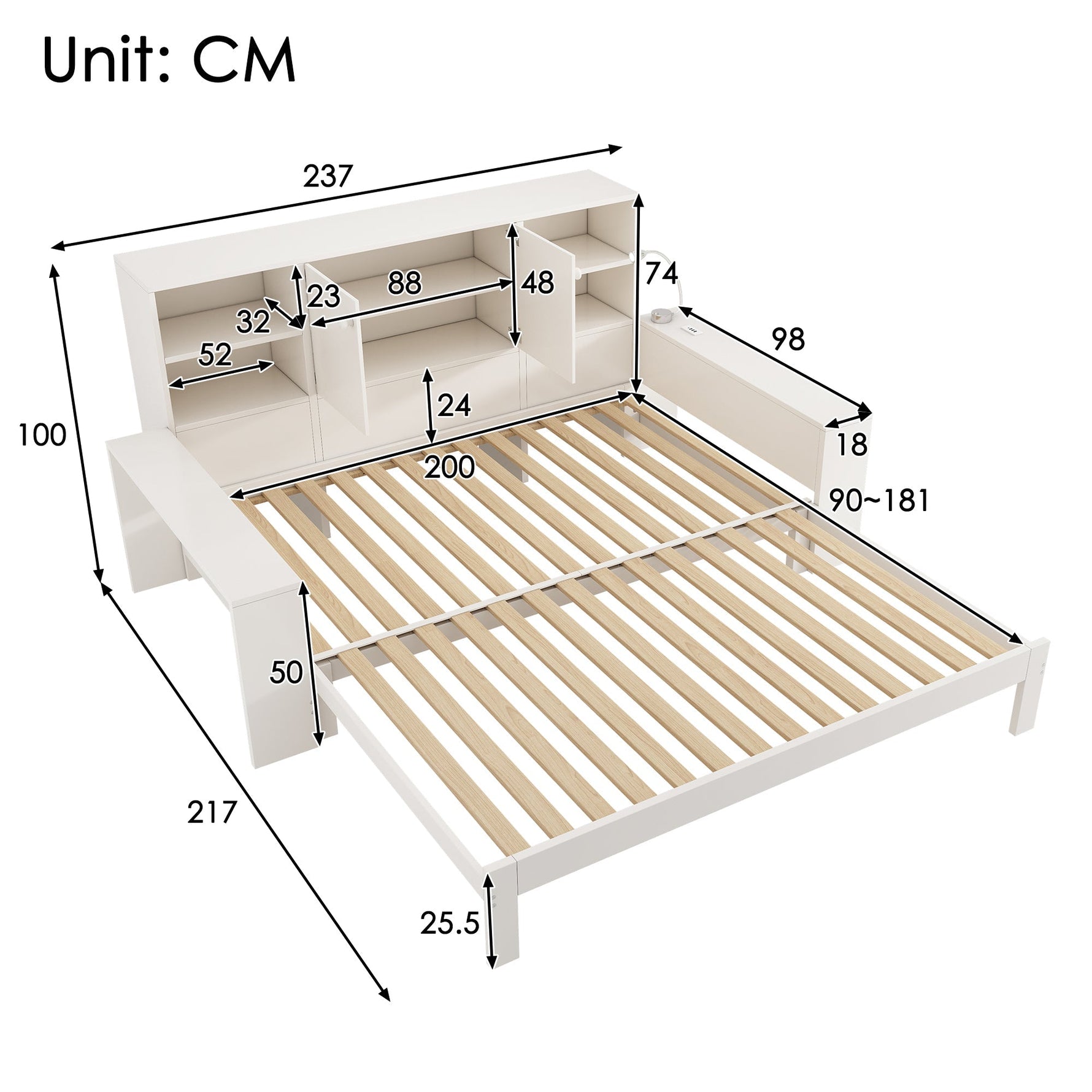 Storage Bed with Pull-out Bed, Double Doors and USB Ports, 90x200cm, White Wood
