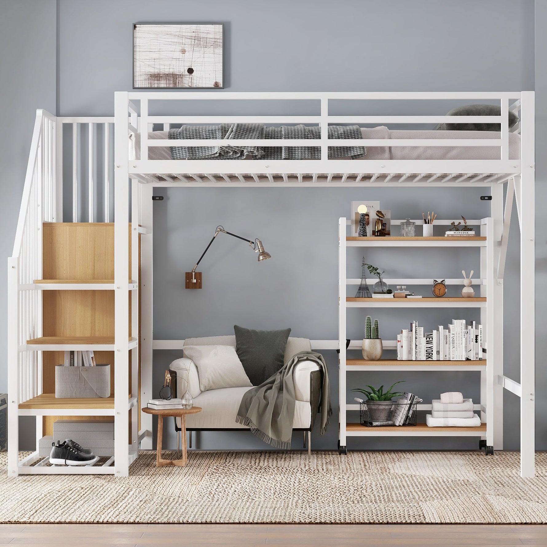 Loft Bed with Shelf, Wardrobe, Safety Railing, Iron + MDF, White/Natural 90x200cm