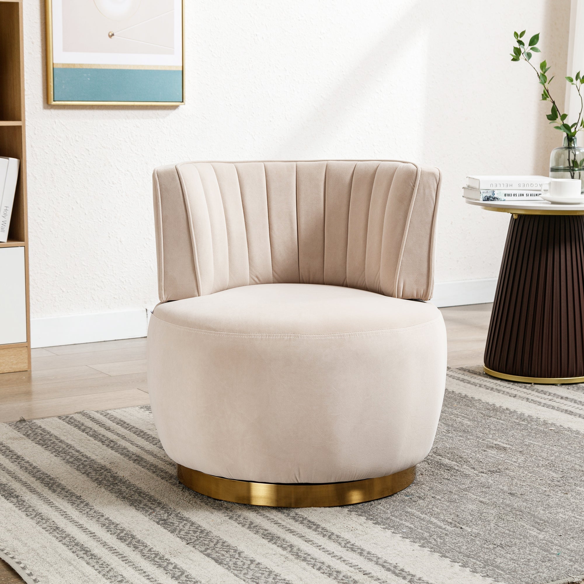 Swivel Chair 360° Round Velvet Barrel - Beige