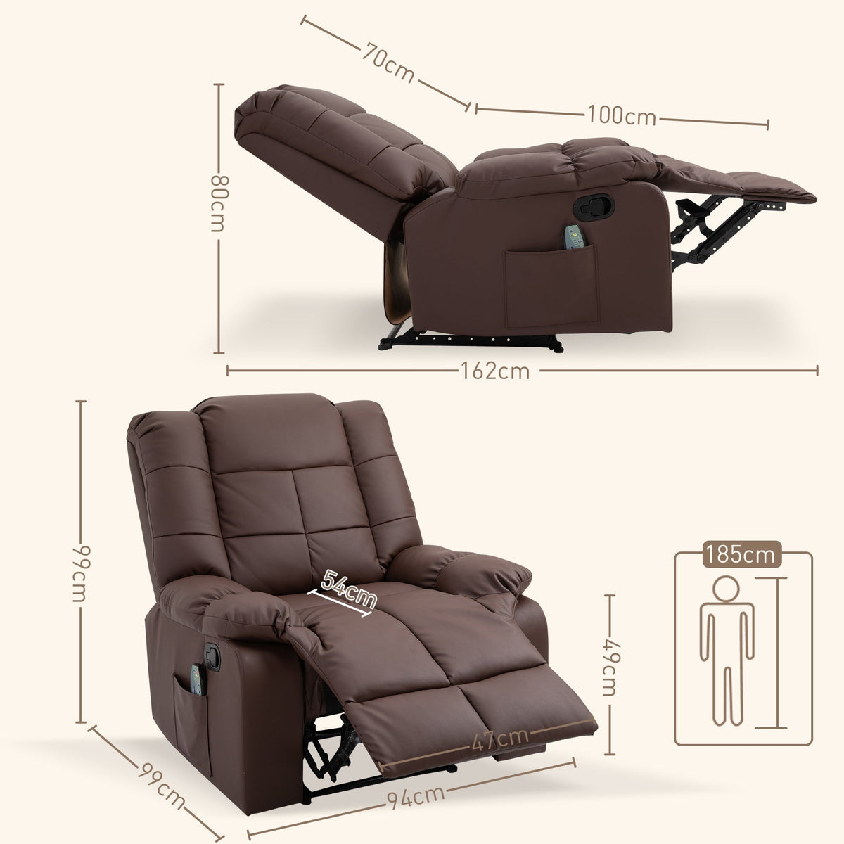 Electric TV Recliner, 165° Reclining 8 Massage Points Remote Control, Faux Leather Brown