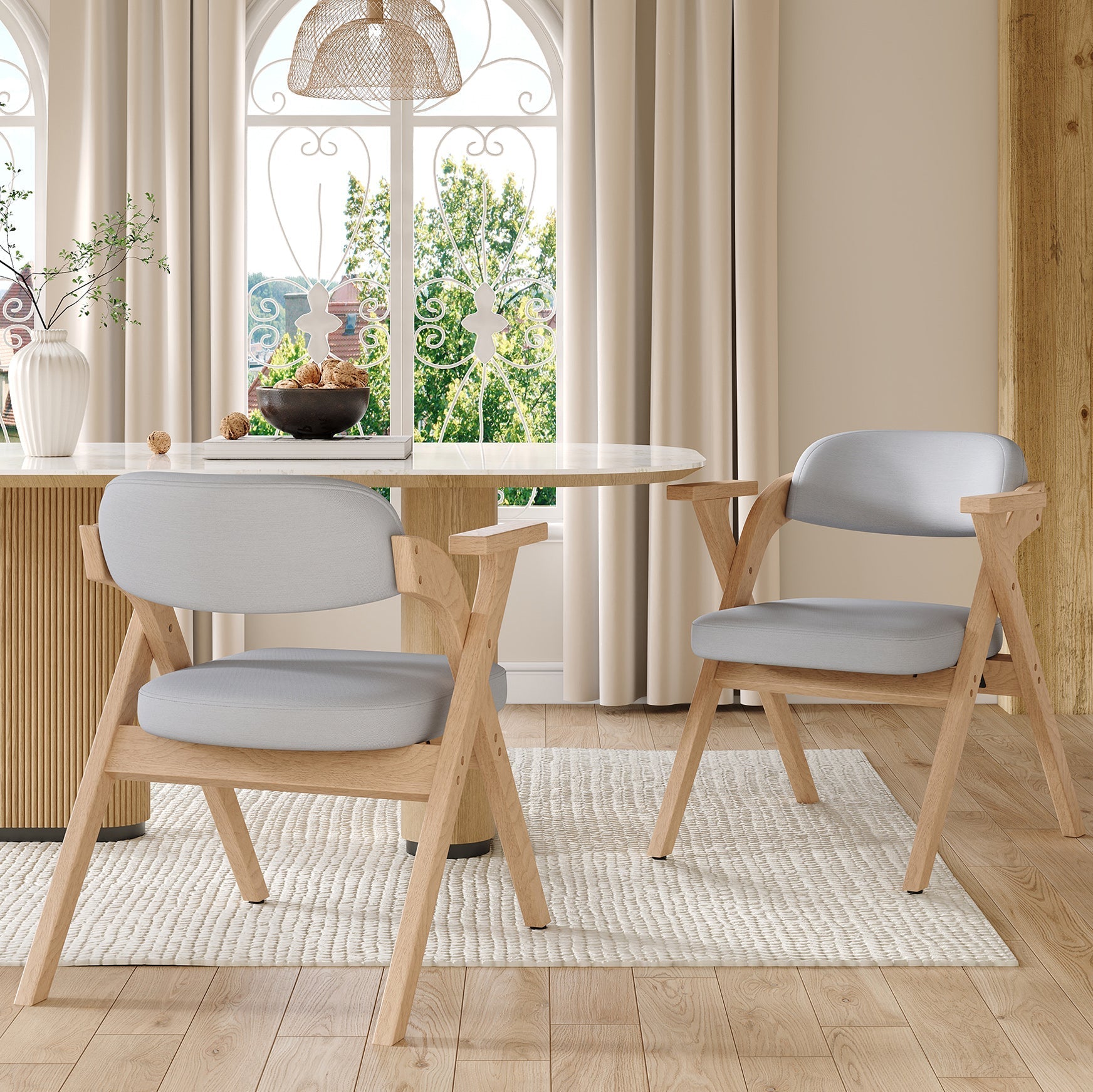 Set of 2 Folding Dining Chairs, Solid Wood and Breathable Linen, Grey
