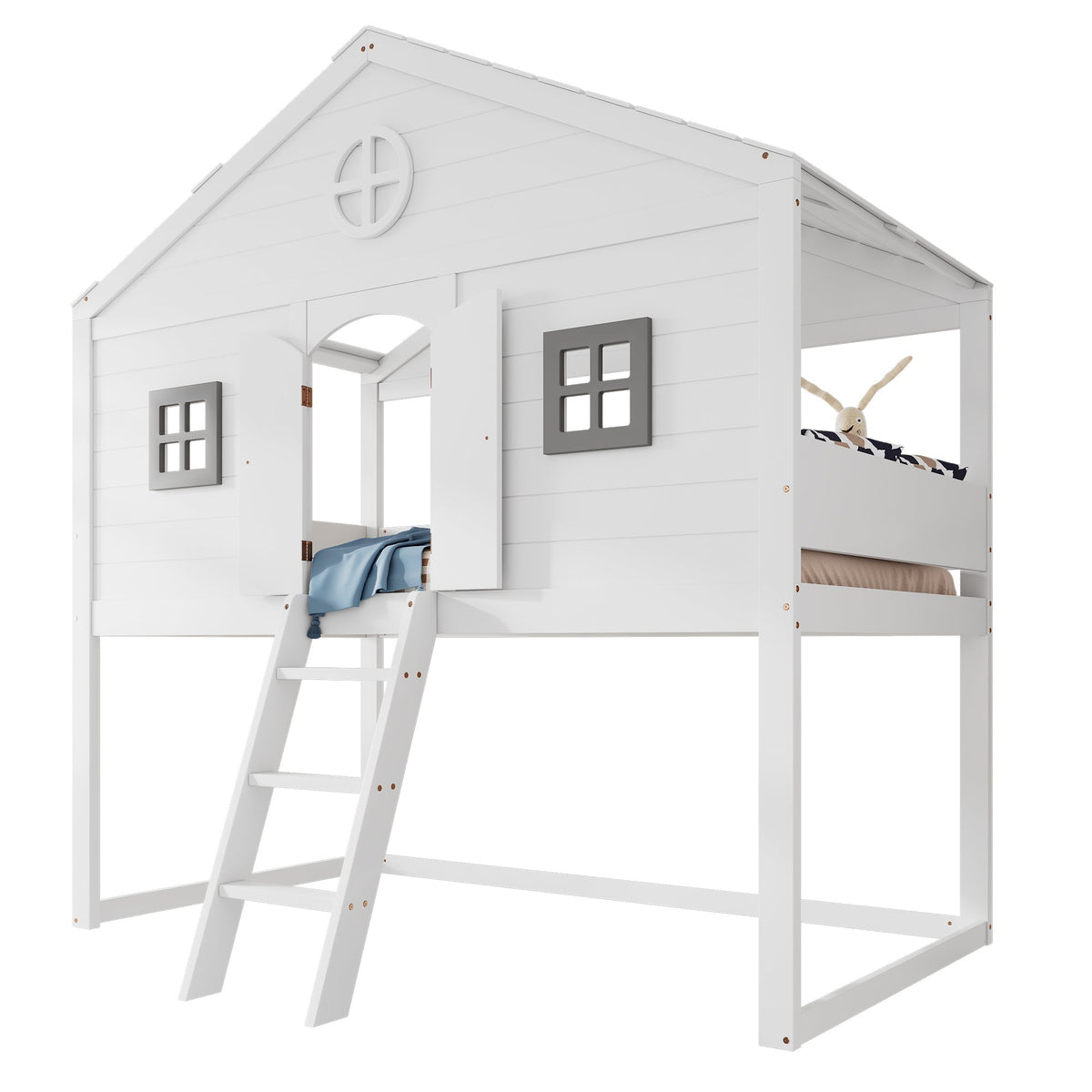 House Bed, Stairs, Safety Rail & Gate, Pine & MDF, White & Grey