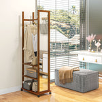 Standing Mirror with Wheels, 3 Levels Clothes Rail, Walnut