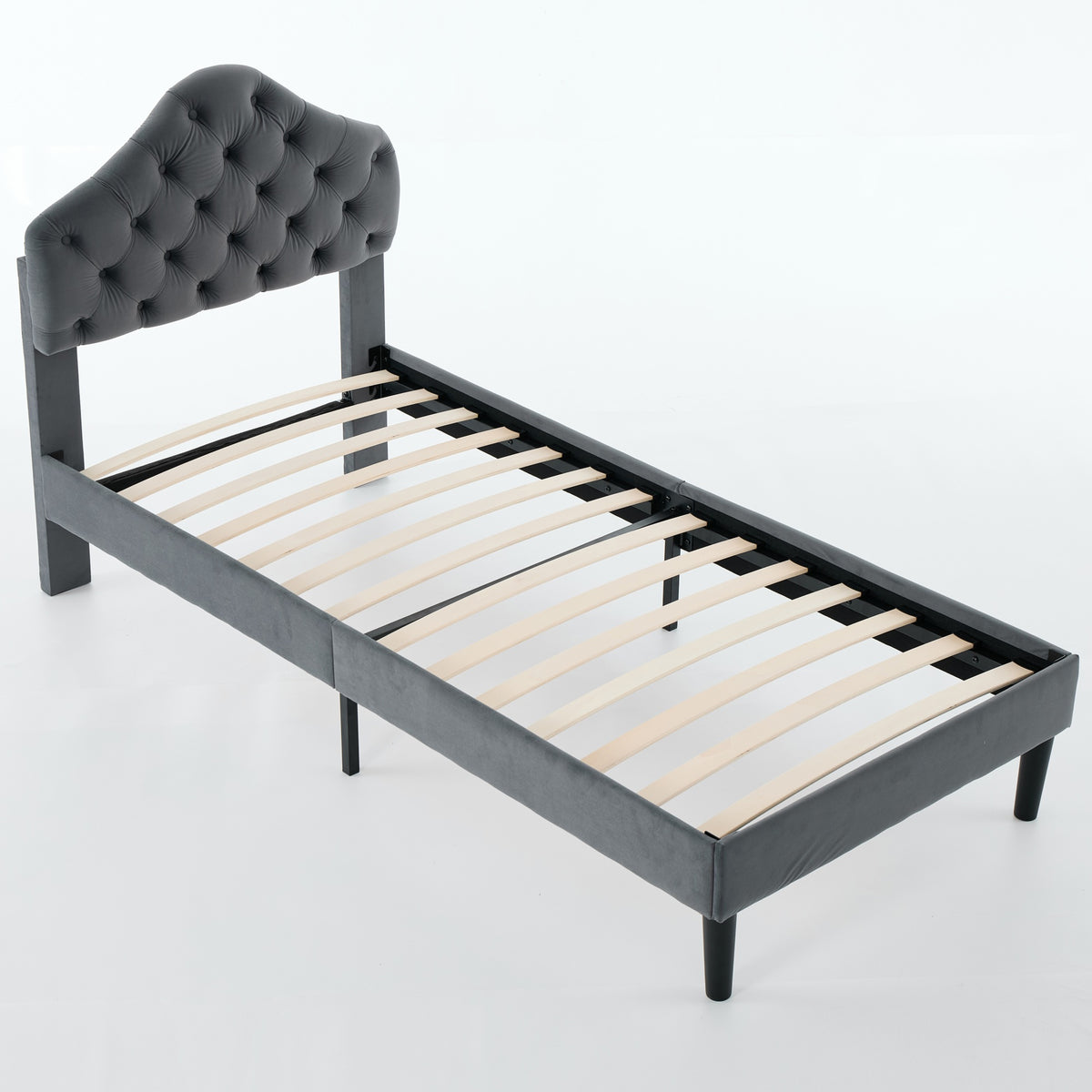 Twin Size Upholstered Platform Bed Frame, 90x200cm, Gray Velvet