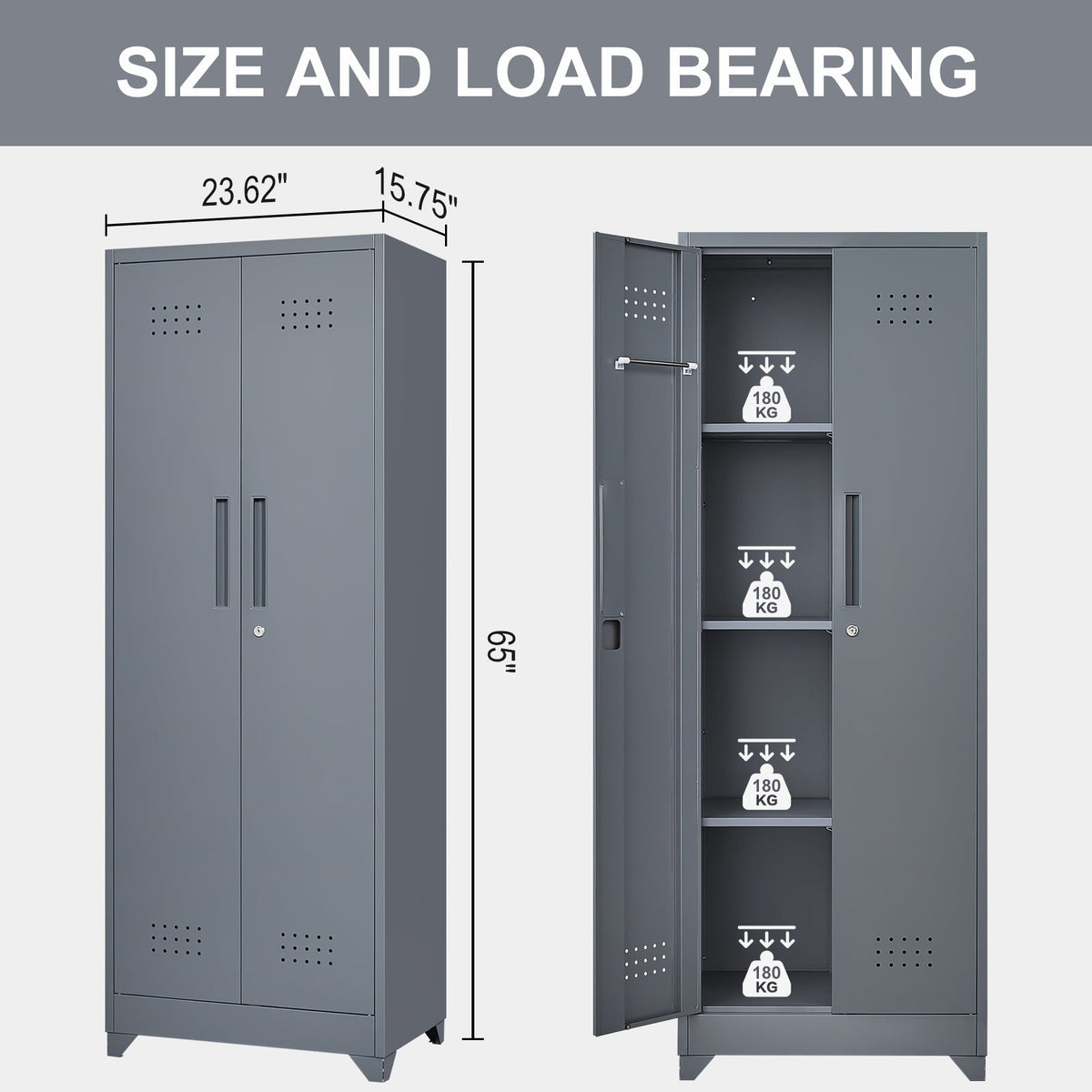 Broom Storage Cabinet with Locking Doors, Shelves and Hanging Rod, 65" H, Metal