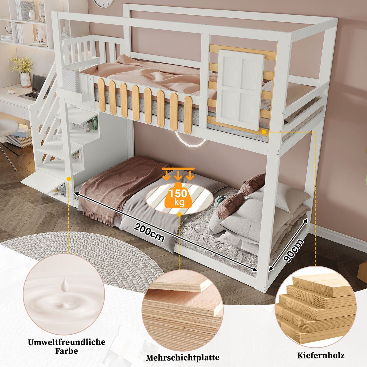 Bunk Bed with Stairs, Window & Shelf, Pine, White 90x200cm