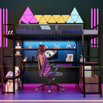 Metal Gaming Loft Bed with Integrated Workspace, LED Lighting and Storage, 140x200cm, Black