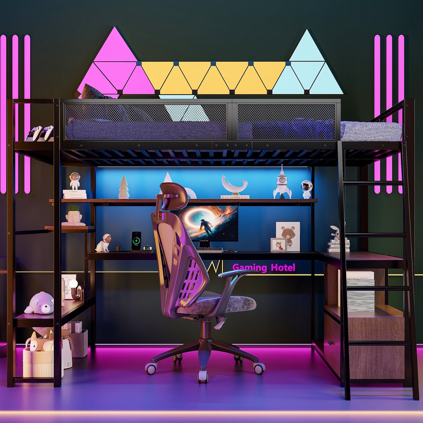 Metal Gaming Loft Bed with Integrated Workspace, LED Lighting and Storage, 140x200cm, Black