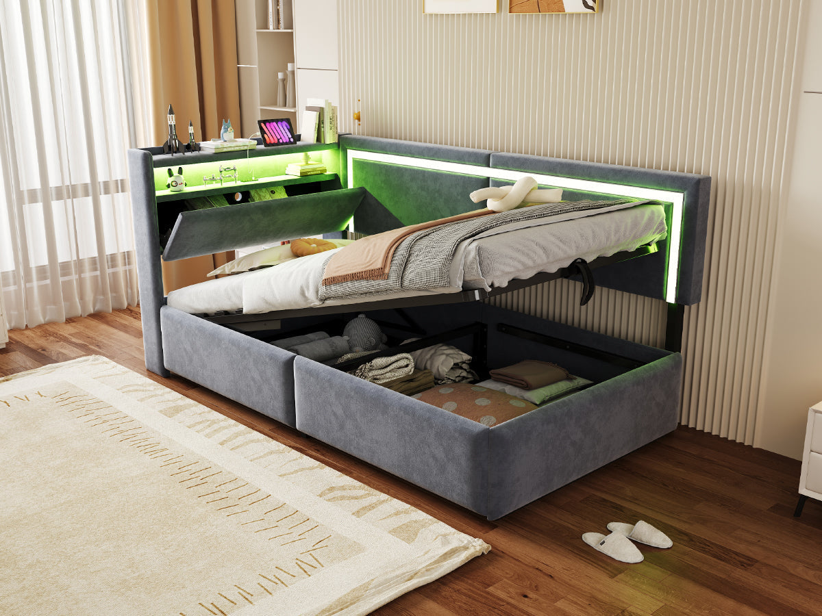 Upholstered Sofa Bed 90x200 cm with LED Lighting, USB Ports and Hydraulic Storage, Dark Grey Velvet