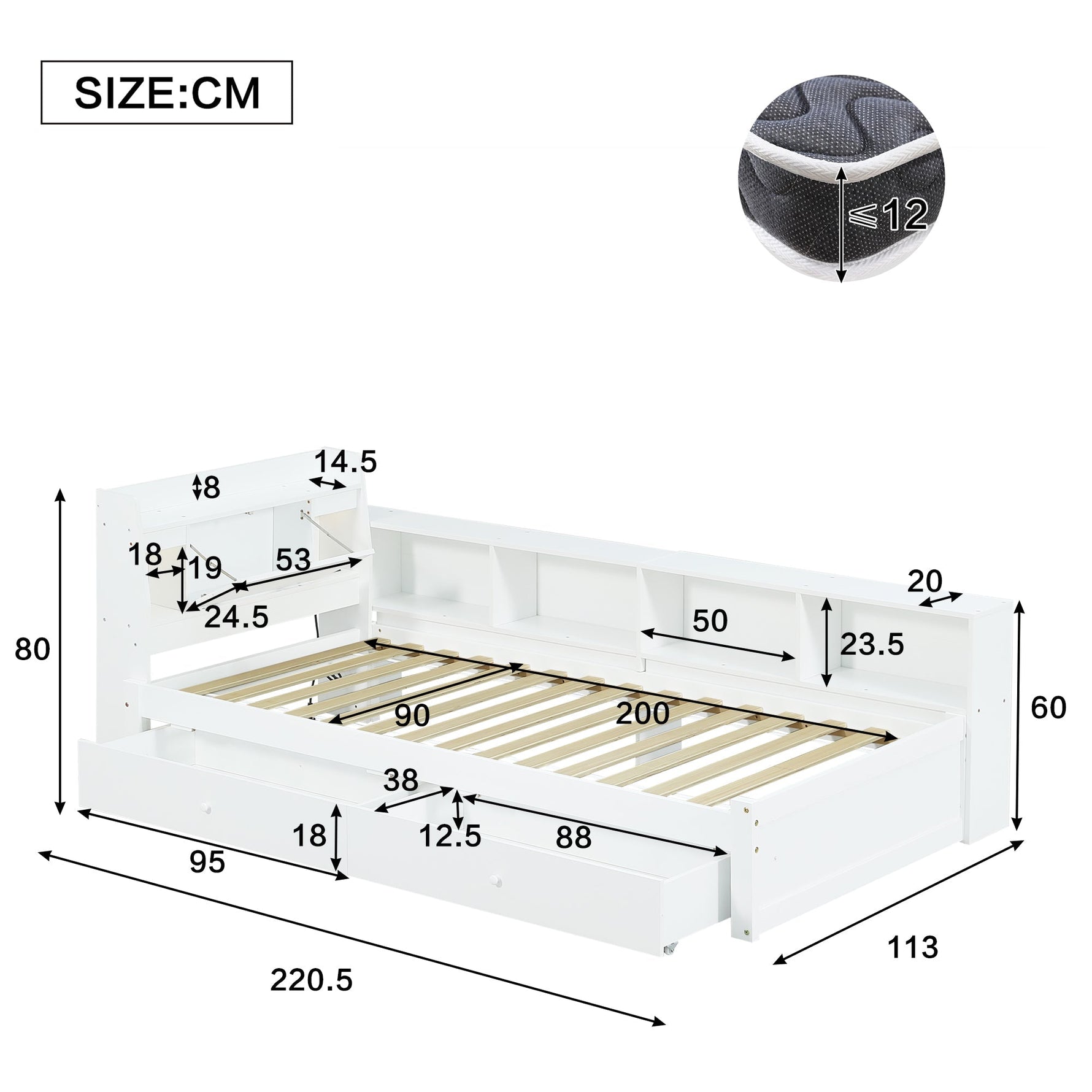 Single Panel Bed, Storage Headboard Lights Charging Drawers 90x200cm, White Pine/MDF