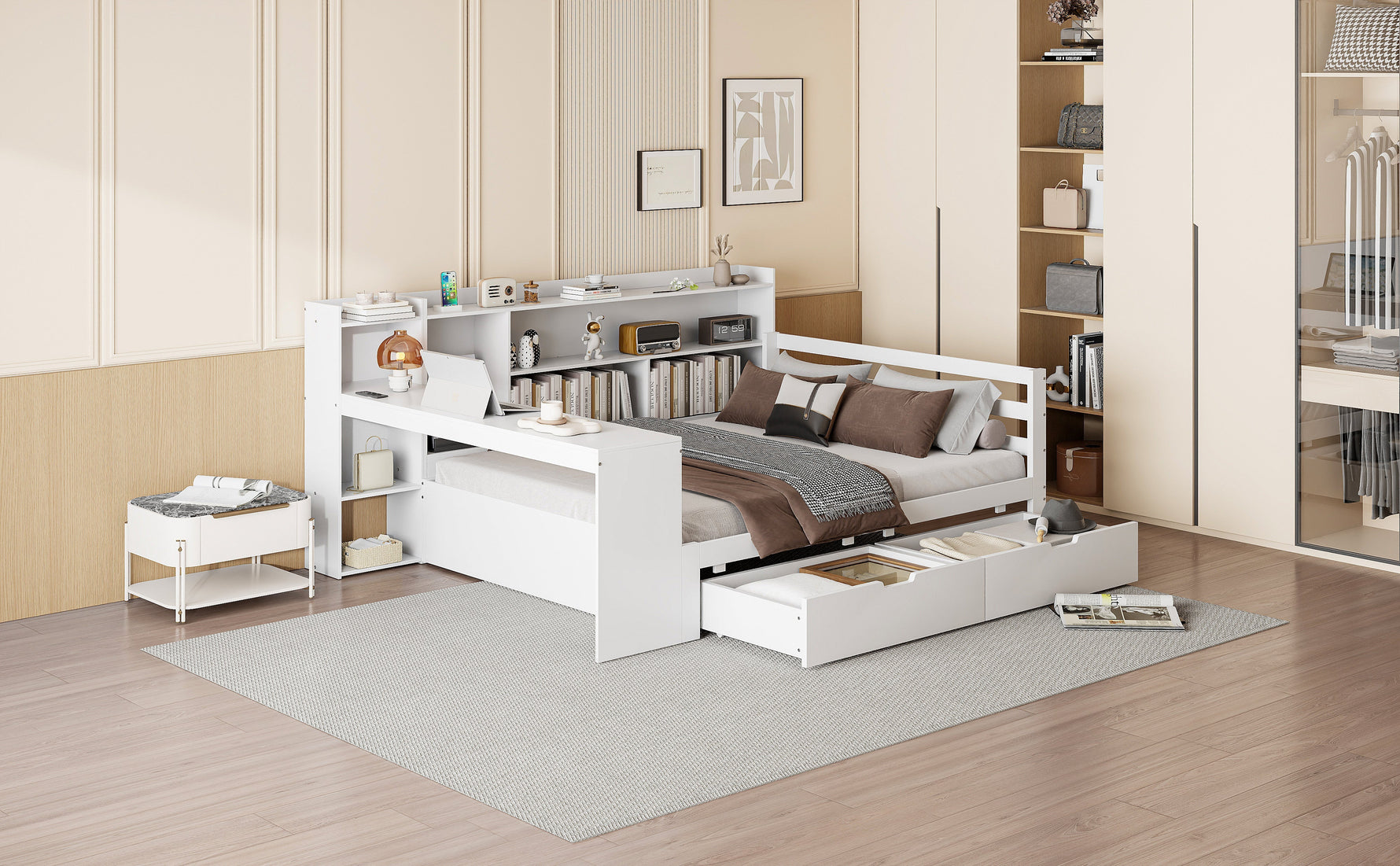 Solid Wood Sofa Bed, 140x200 cm, with Desk, Bookshelf, Storage, Power Outlet, White