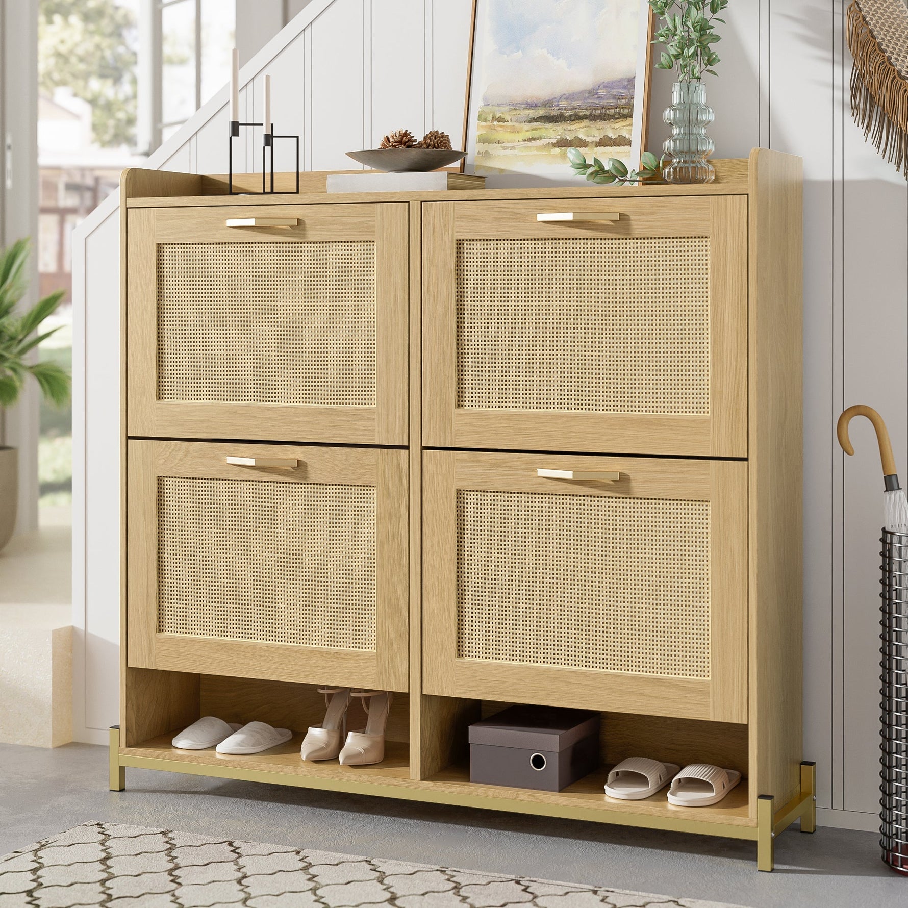 Shoe Cabinet Rattan Doors 4 Doors Metal Frame - Wood