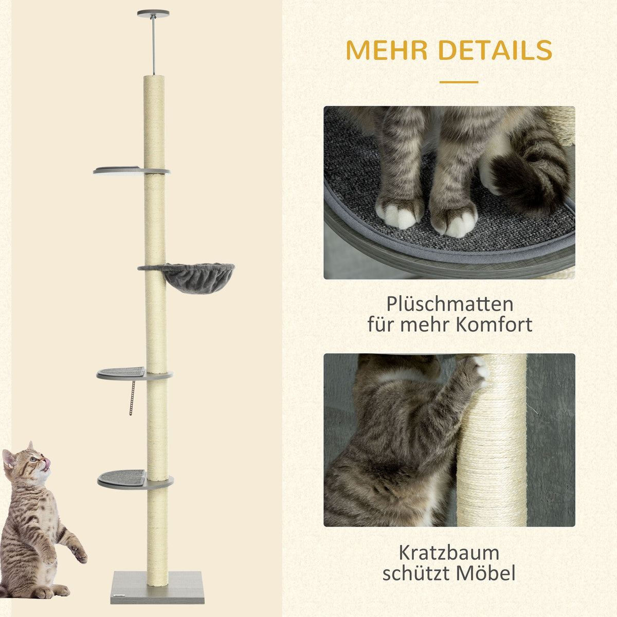 Cat Tree, Ceiling Height Adjustable with Scratching Posts, Grey Cream White