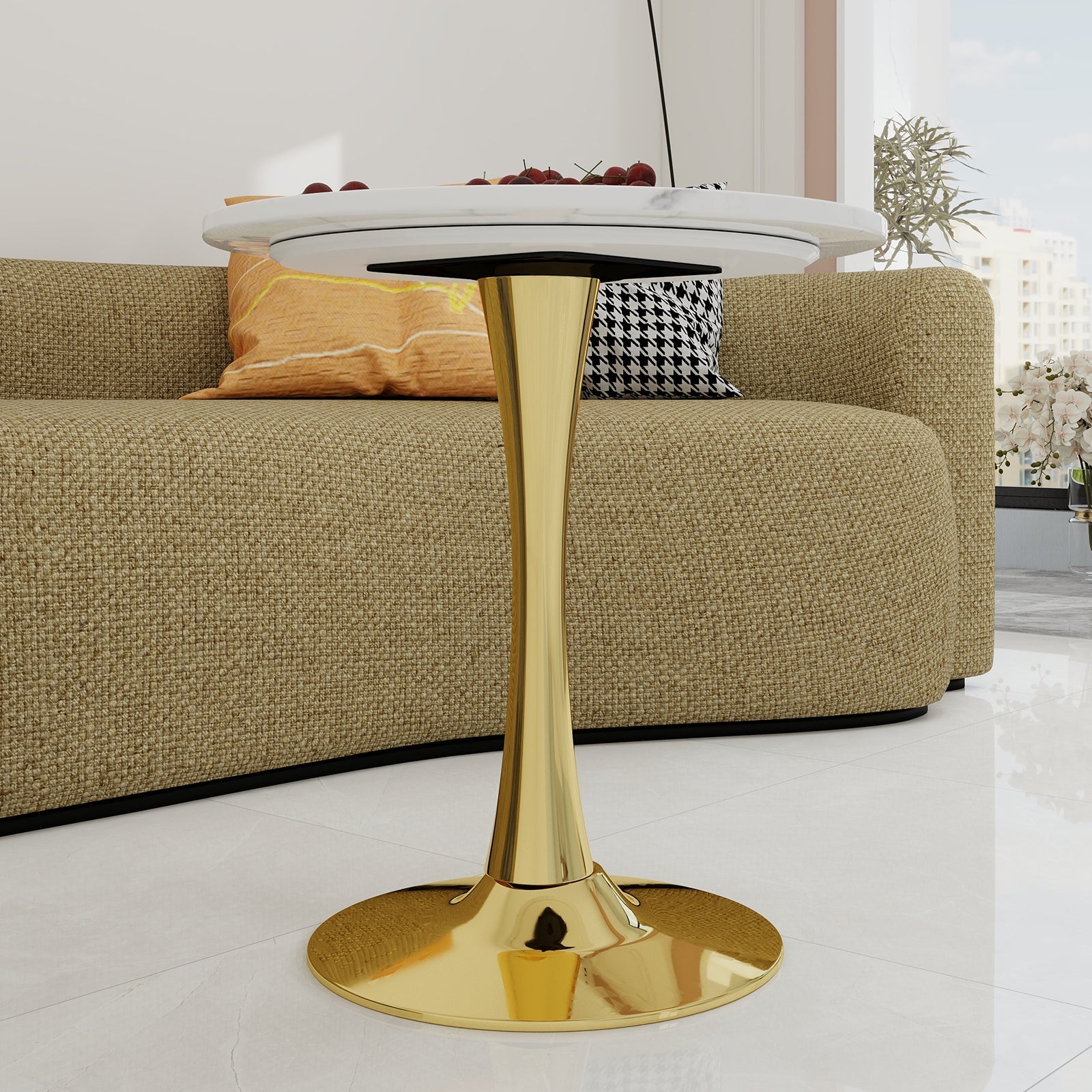 Coffee Table Round Marble Top Mid-Century Modern Style 27.6-inch Golden