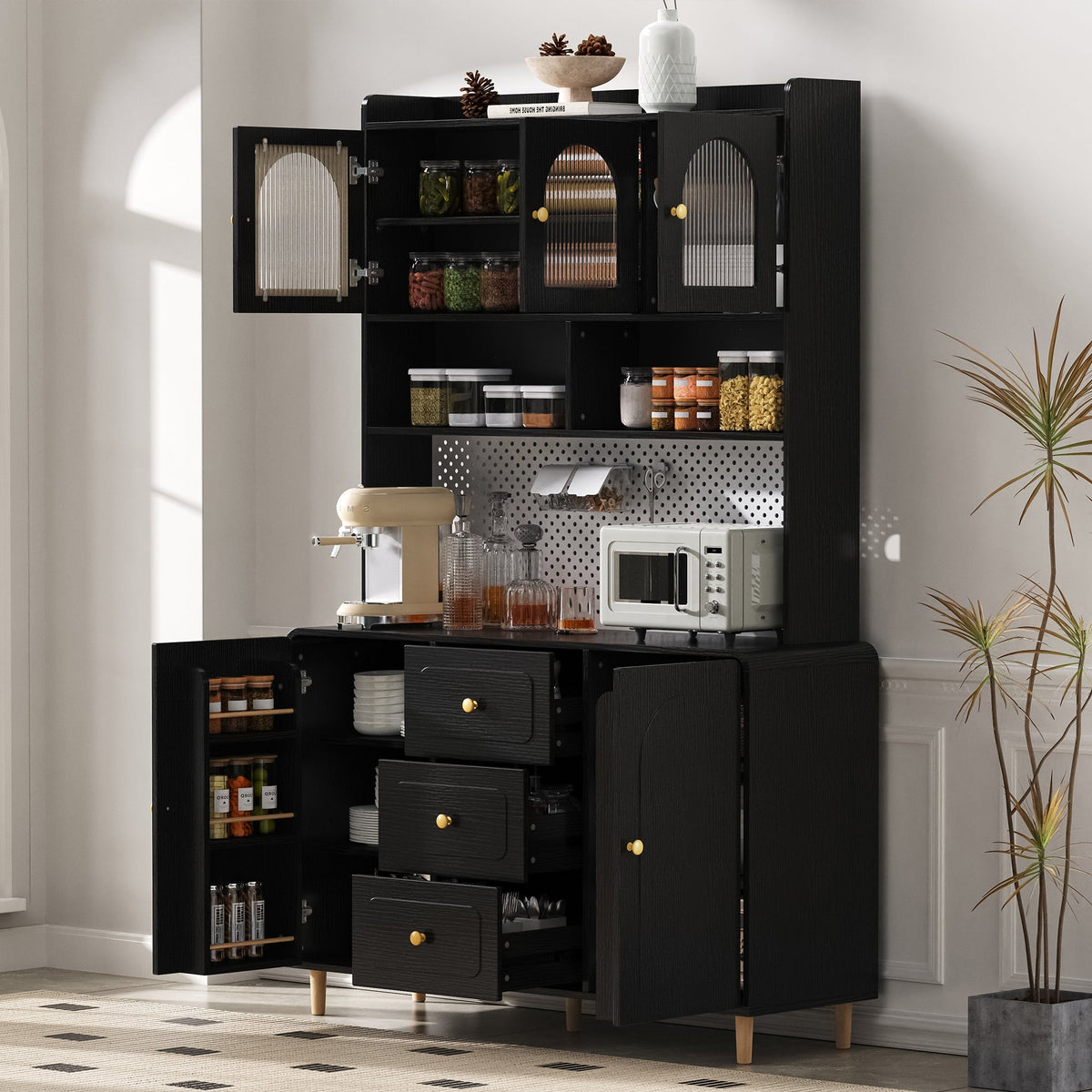 Tall Cabinet Sideboard with Pegboard Drawers Storage Solid Wood Legs Black