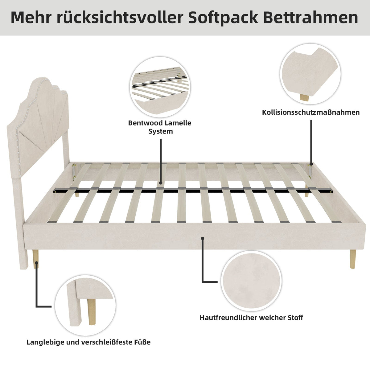 Modern Minimalist Soft Bed, Comfortable Soft Headboard 160x200cm Low Box, Beige