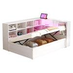Sofa Bed, 90x200 Multifunctional with Sockets, Storage, Light Bar, Hydraulic, Solid Wood, White